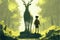 While trekking through a forest, a young hiker discovers a colossal deer statue concealed by layers of moss and lichen. Fantasy