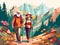 trekking happy elderly old couple grandfather walking active senior hiking. Generative AI.