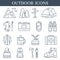 Trekking and outdoor linear icons. Set of hiking and camping outline symbols.