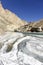 Trekking on the partially frozen Zanskar river. Extreme adventure concept image.