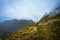 Trekking path beside the mountain peak chain overgrown with verdant grass and cultivated plants. Foggy clouds moving