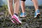 Trekking on the rocky road, foot close up