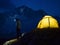 Trekking scene with hiking tent in the alps at night