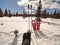 Trekking tent, poles, red snowshoes on snow between trees in the mountains