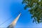 Trellis, pole to support high voltage cables with clear blue skies. Branch and tree leaves.