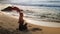 Tremendous lady meditates doing yoga on sandy beach