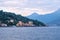 Tremezzo town at sunset with mountains