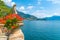 Tremezzo viewed behind flowers, Italy