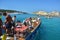 Tremiti, Puglia, Italy -08/28/2020 - Tourists visit the Tremiti islands by motorboat, small islands in the Adriatic Sea, part of