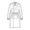 Trench coat technical fashion illustration with belt, double breasted, fitted, napoleon wide lapel collar, knee length