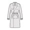 Trench coat technical fashion illustration with belt, double breasted, fitted, napoleon wide lapel collar, knee length