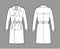 Trench coat technical fashion illustration with belt, double breasted, long sleeves, knee length, storm flap Flat jacket