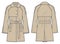 Trench Coat technical fashion Illustration. Belted Raincoat fashion flat technical drawing template, flared raglan sleeves