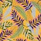 Trend abstract tropical seamless pattern with bright leaves and plants on yellow background. Vector design. Jungle print. Floral b