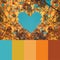 Trend fall 2020 Color palette with autumn leaves and sky. Collage with natural autumn colors swatch