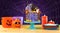 On trend Halloween candyland novelty drip cake in colorful purple party setting.