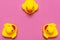 Trend Inflatable Children toy for swimming. Inflatable Three yellow chicken or duckling on pink background, pool float party. Flat
