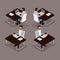 Trend Isometric people 3D businessman working at his desk on a laptop front view, rear view, glasses, stylish hairstyle hipster