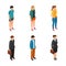 Trend Isometric people of different characters teenager, freelancers, business woman and businessman in suits insulated.