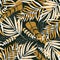 Trend seamless pattern with bright tropical leaves and plants on a dark blue background. Vector design. Jungle print. Textiles and