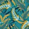 Trend seamless pattern with bright tropical leaves and plants on a green background. Vector design. Jung print. Floral background.