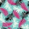 Trend summer seamless pattern with tropical pink black plants on a emerald background.