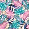 A trending abstract pattern with tropical leaves and flowers on a delicate pastel background. Vector design. Jungle print. Floral