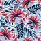 Trending abstract tropical seamless pattern with bright leaves and plants on a light blue background. Vector design. Jungle print.