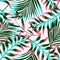 Trending summer tropical seamless pattern with leaves and plants on white background. Vector design. Jungle print. Floral backgrou