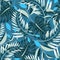 Trending tropical seamless pattern with bright leaves and plants on a dark background. Vector design. Jungle print. Floral backgro