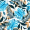 Trending tropical seamless pattern with bright leaves and plants on white background. Vector design. Jungle print. Floral backgrou