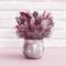 Trendly beautiful flowers bouquet pink and red colored wiht dried plants, flower, grass