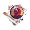 Trendy acai smoothie bowl with nuts,berries,dragon fruit, banana slices, hand drawing.Top view,Vector food