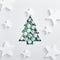 Trendy aqua menthe xmas tree made of white and silver bauble. Square composition, flat lay, view from above. Abstract white star