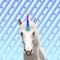 Trendy art collage. Beautiful unicorn on color background