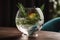 A trendy, artisanal gin and tonic, served in a large, balloon glass with a variety of botanical garnishes, such as cucumber,