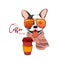 Trendy autumn poster. Fashionable french bulldog in cool sunglasses and a brown knitted scarf with a glass of coffee