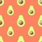 Trendy avocado seamless pattern on coral background in summer style. Cute, minimalist, simple.