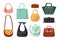 Trendy bags. Fashion woman purse and elegant everyday handbag. Modern female accessories collection. Cartoon leather