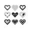 Trendy black silhouette cute assorted isolated childlike hearts icons set