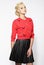 Trendy Blond in Red Blouse and Black Skirt