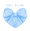 Trendy Blue Coquette ribbon bow in heart shape Watercolor hand painting soft pastel set