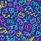 Trendy bright squiggles seamless pattern. Fun colorful line doodle with shapes crown, heart, numbers of 90s, 00s, y2k