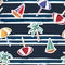 Trendy brushed paint summer beach elements umbrella,boat,palm trees on navy blue stripe painted texture background ,seamless