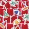 Trendy brushed paint summer beach elements umbrella,boat,palm trees on red hand painted texture background ,seamless pattern