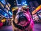 A trendy bulldog wearing sunglasses exudes urban cool against a backdrop of vibrant city night lights