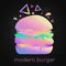 Trendy burger design. Colored neon ingredients and text. Fast food theme.
