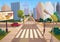 Trendy cartoon gradient style vector city with crossroad, road signs and cars.
