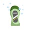 Trendy cartoon green bottle with shampoo or shower gel. Hygiene and hair care vector illustration.