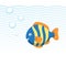 Trendy cartoon striped fish swimming underwater. Blue waves and bubbles.